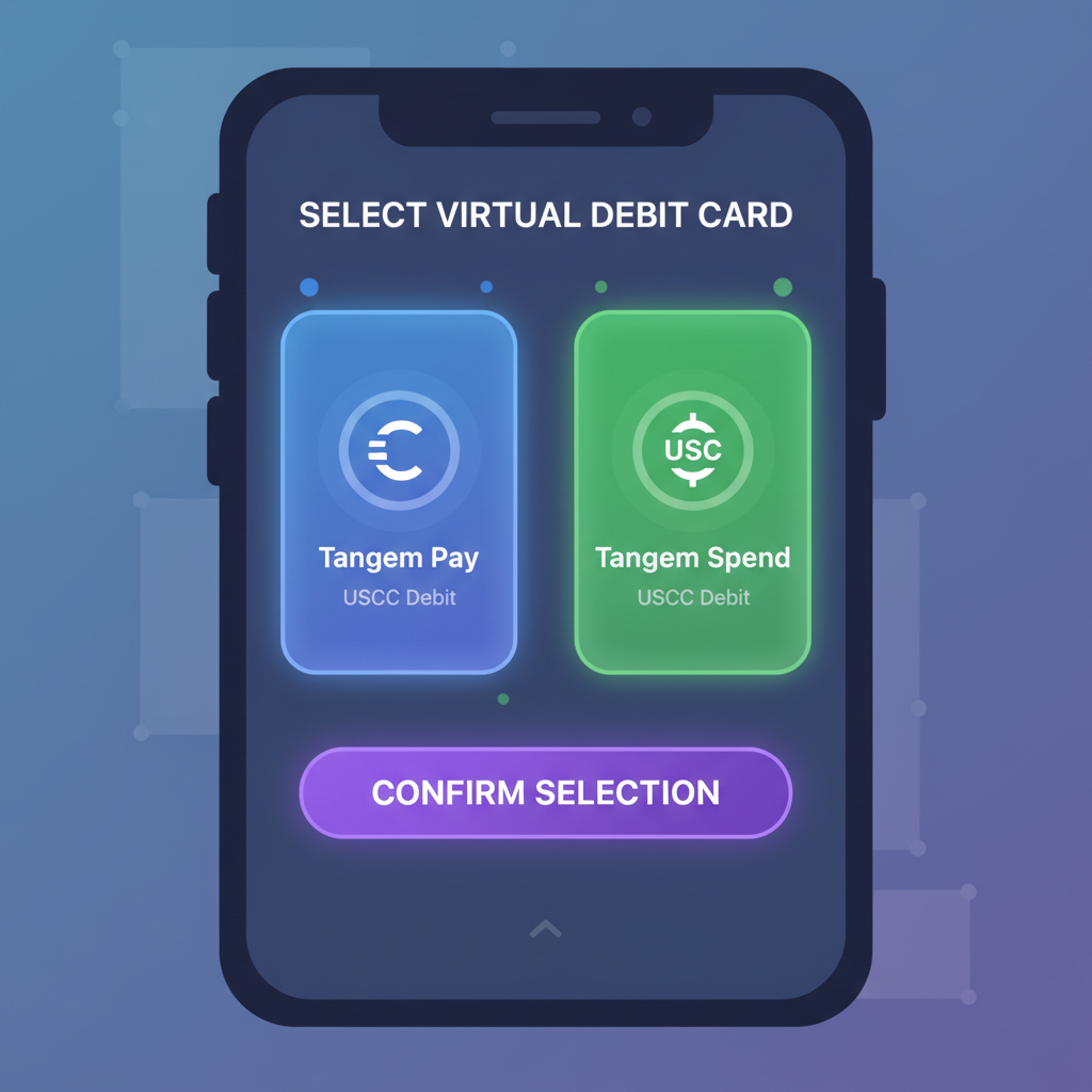 futuristic app screen selecting Tangem Pay and Spend virtual debit cards with USDC logos glowing
