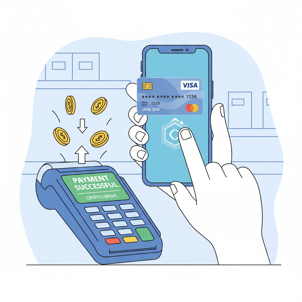 person tapping phone for Visa payment at store, virtual card hologram, crypto spend success