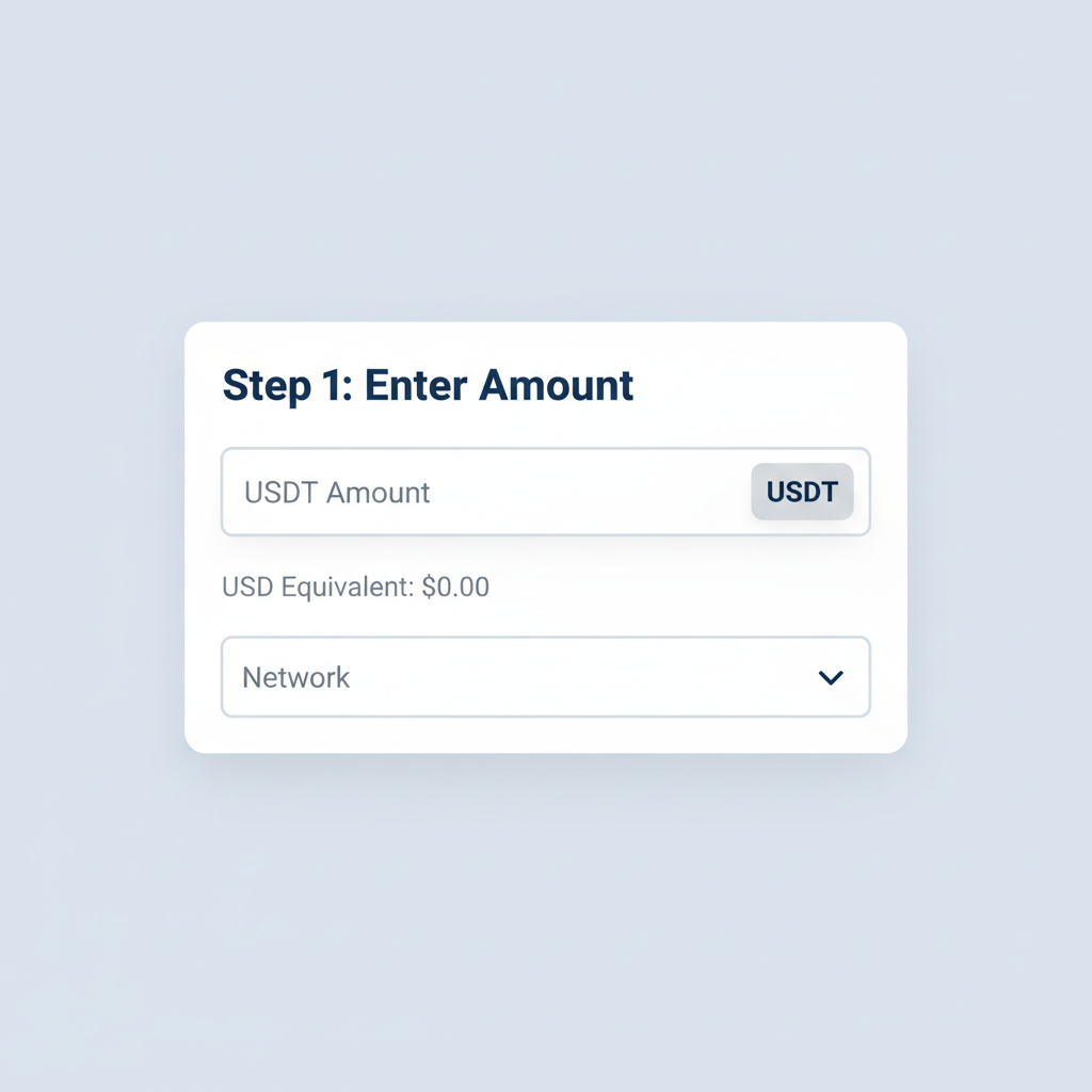 form input for USDT amount, USD equivalent display, network selector dropdown, clean input fields