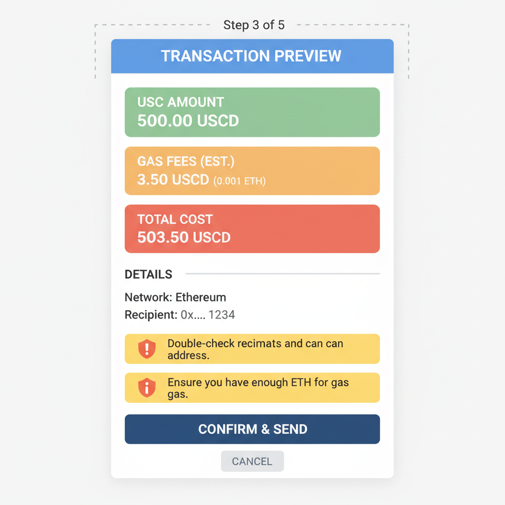 Transaction preview screen showing USDC amount, gas fees, total cost breakdown, cautionary highlights