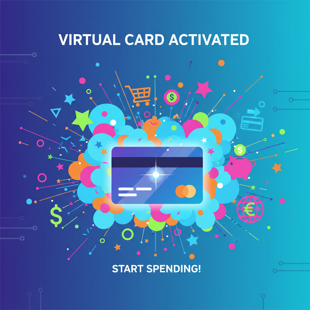 virtual card activated with exploding confetti and spending icons, explosive colors, triumphant futuristic vibe