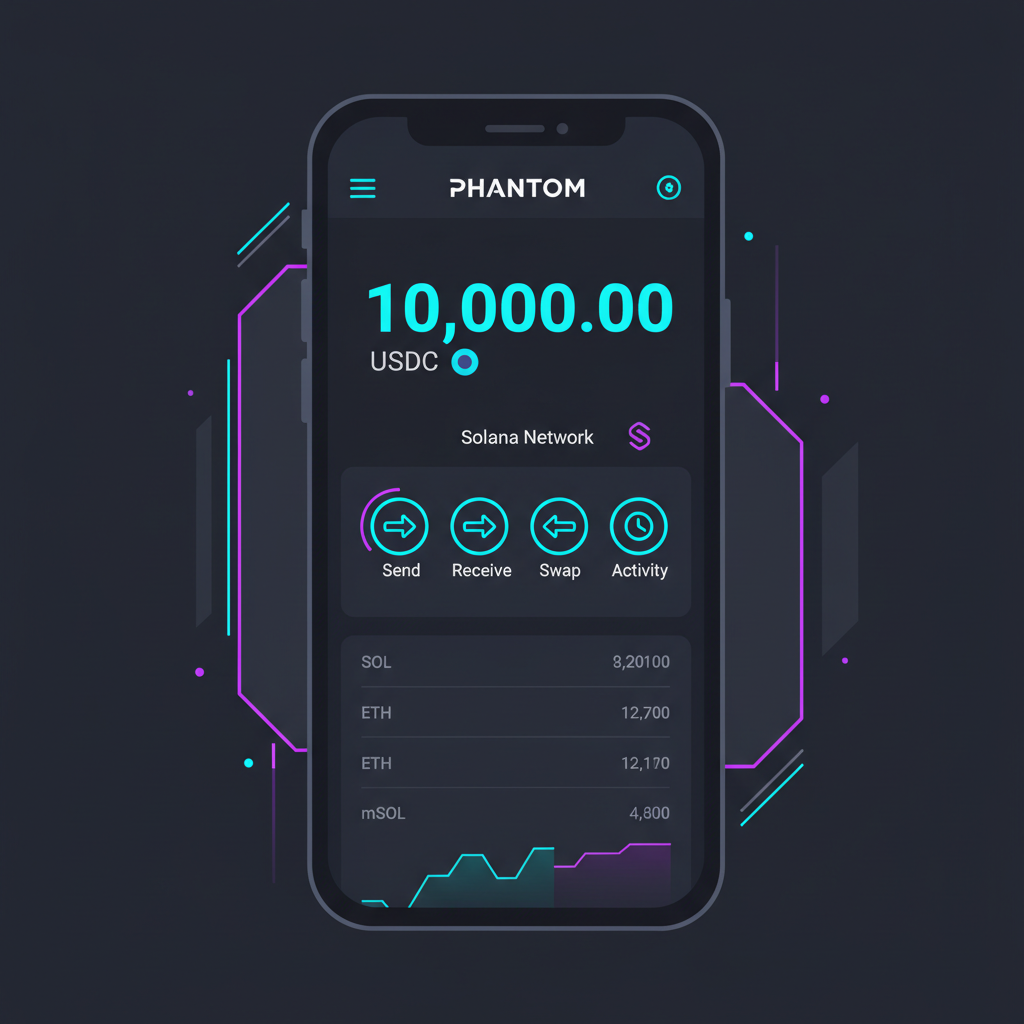 Phantom wallet interface on mobile, USDC balance prominent, Solana network selected, sleek dark mode cyberpunk style
