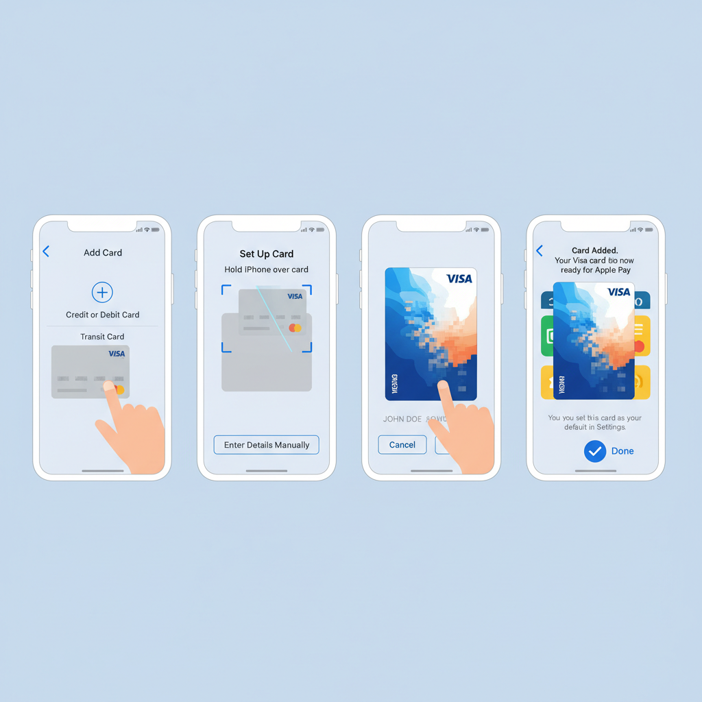 mobile wallet adding virtual Visa card, Apple Pay interface, card details blurred for security, smooth integration animation
