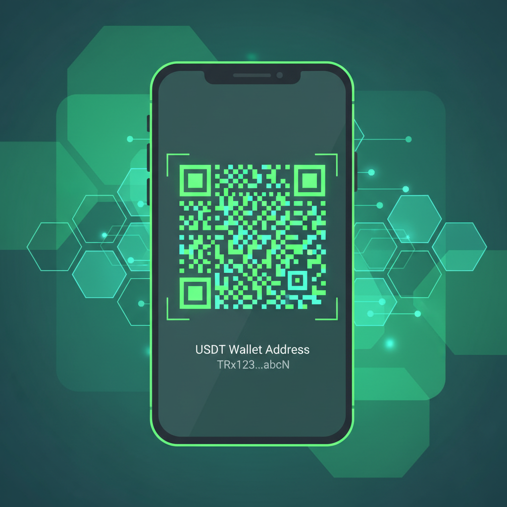 smartphone displaying generated USDT wallet address QR code, glowing blockchain network background, dynamic green hues