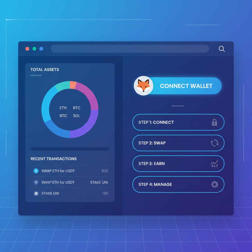modern crypto website dashboard with glowing wallet connect button, MetaMask fox icon, neon blue tones, DeFi trader vibe