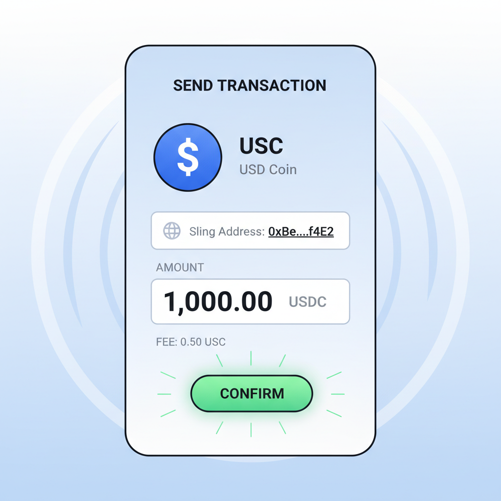 Wallet send transaction screen, USDC selected, Sling address pasted, amount entered, confirm button glowing, dynamic speed lines
