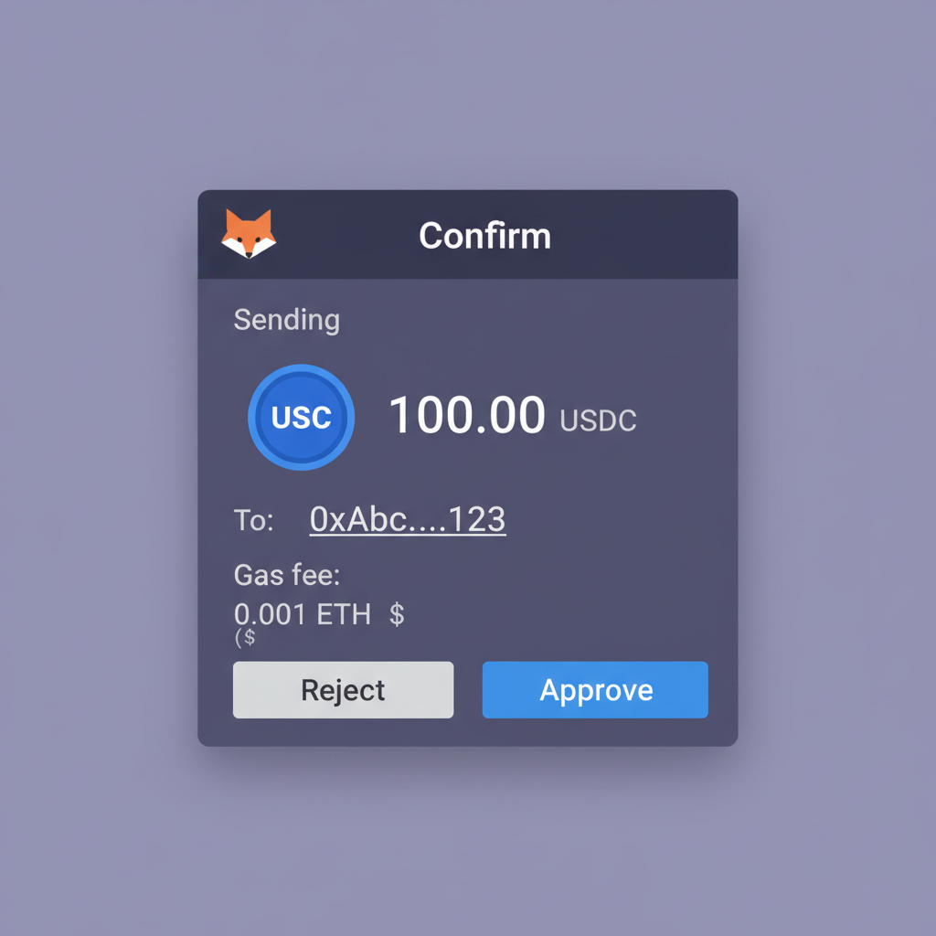 MetaMask transaction confirmation popup, USDC transfer, approve button