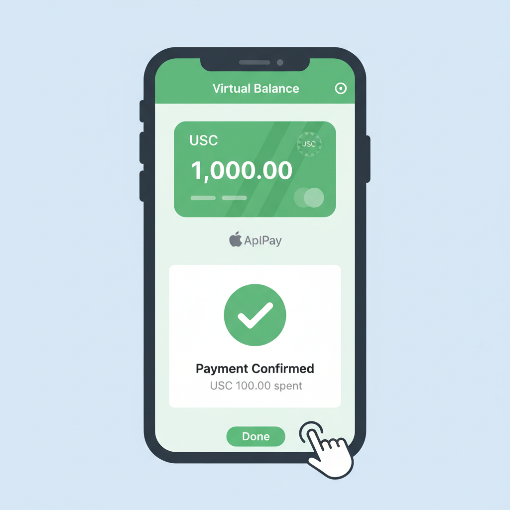 virtual debit card balance screen with USDC loaded, Apple Pay integration, green checkmark confirmation