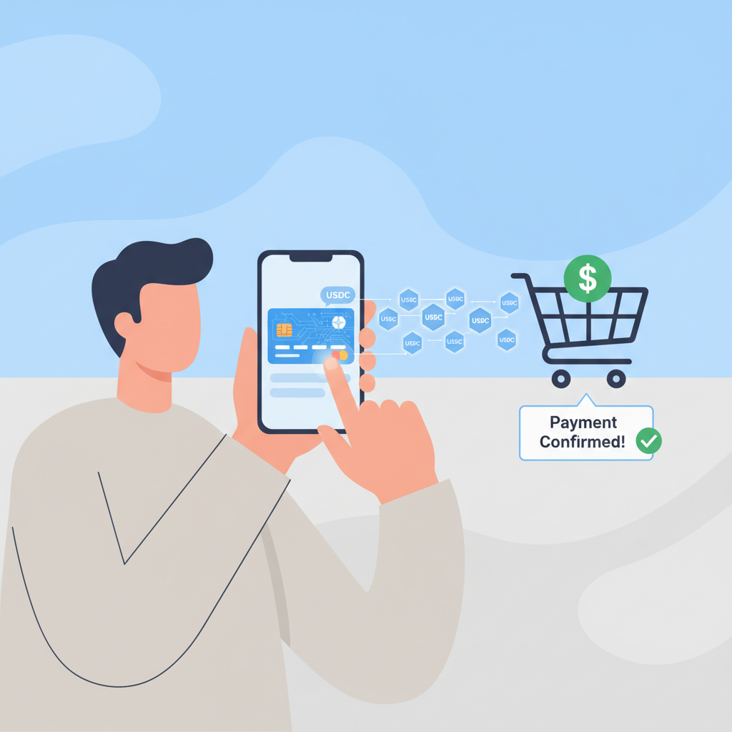 user tapping virtual card on phone for shopping, USDC converting to payment seamlessly