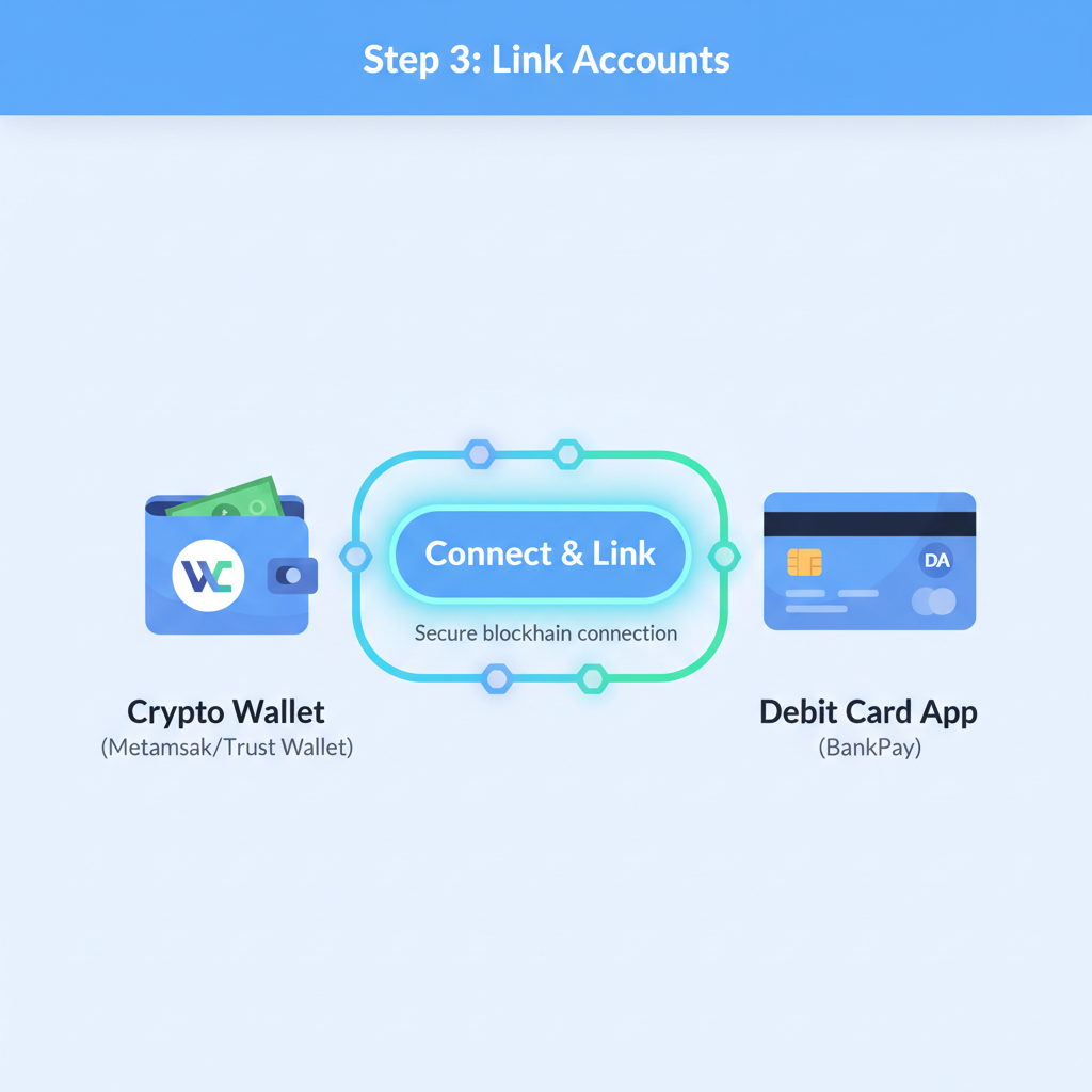 wallet connect screen linking crypto wallet to debit card app, blockchain links glowing