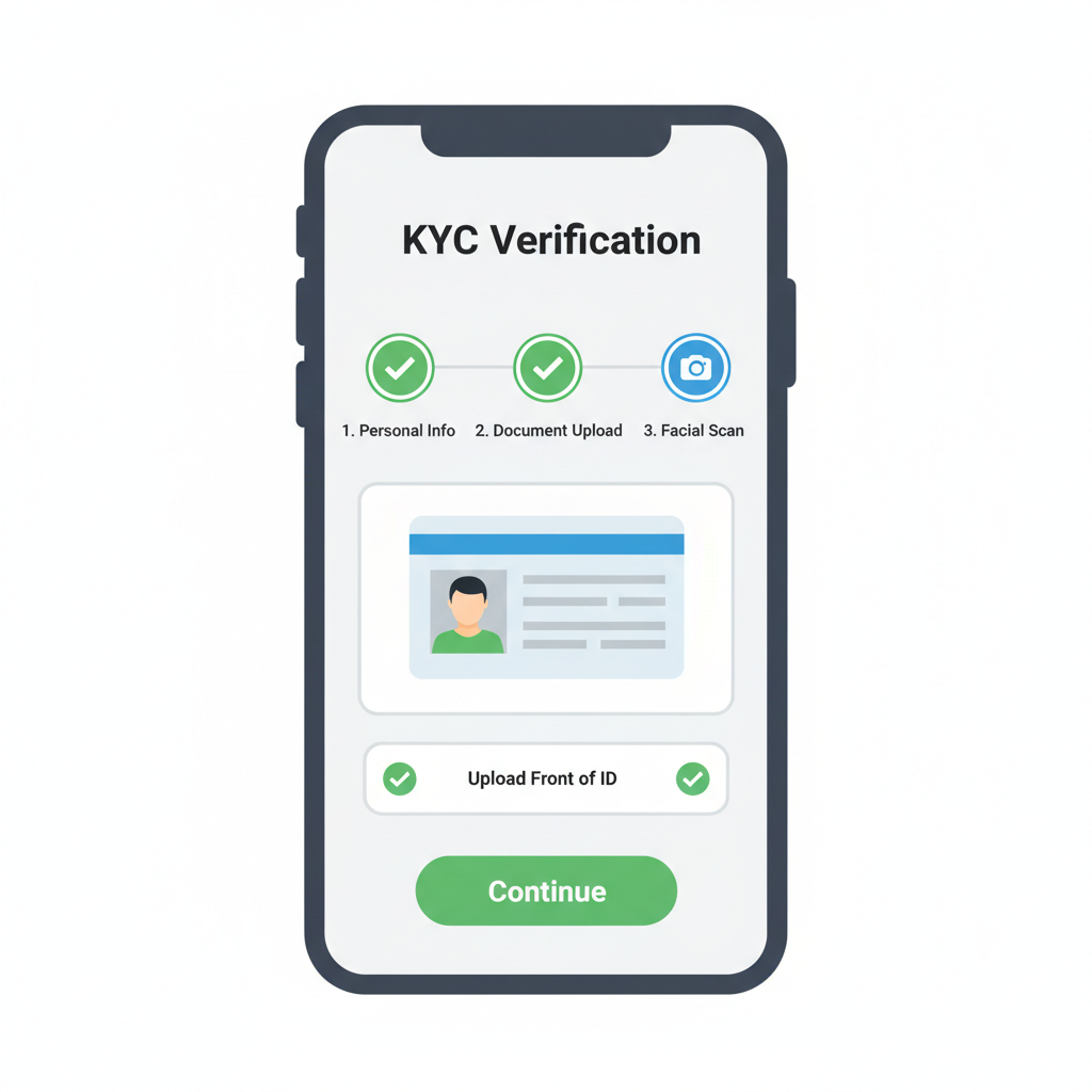 mobile app KYC verification interface with ID upload and green checkmarks