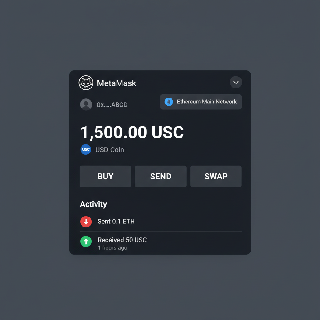 MetaMask wallet interface showing USDC balance, Ethereum network selected, clean dark mode