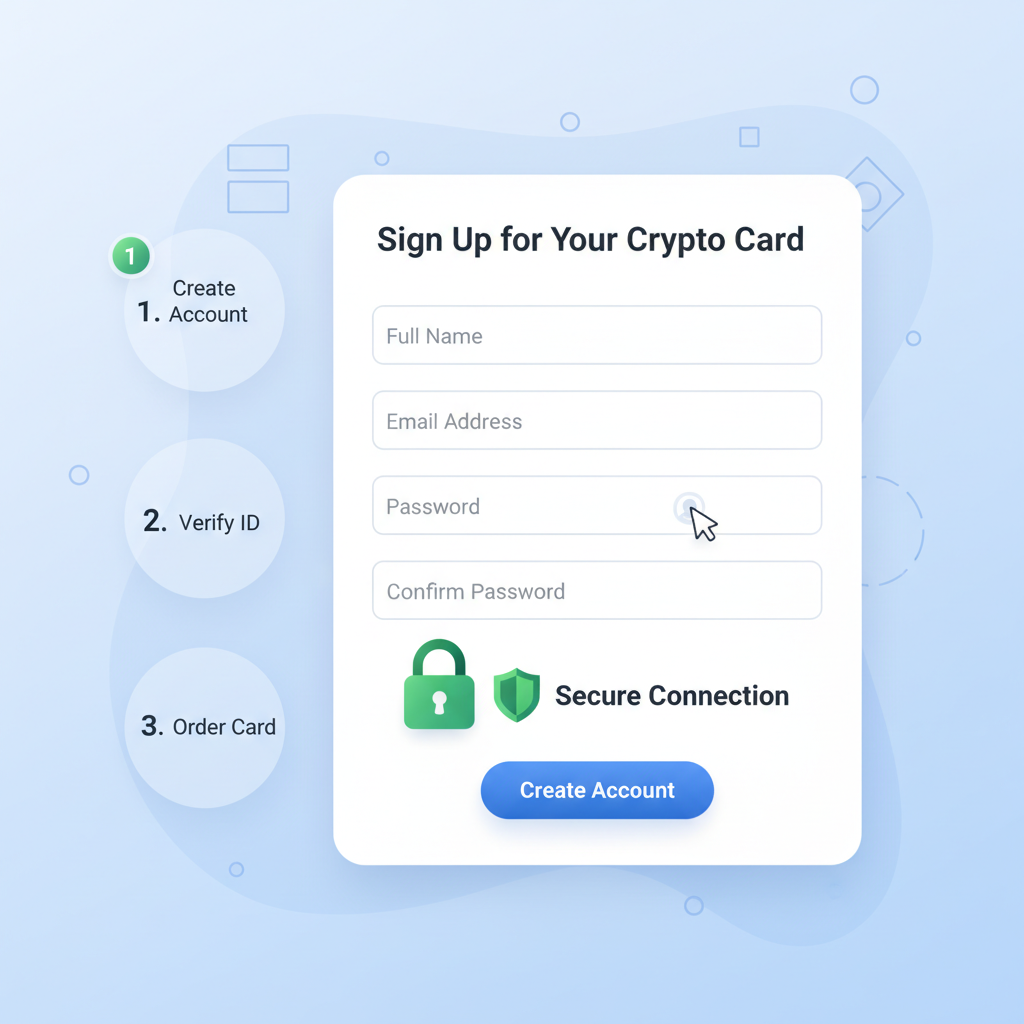 user form filling signup on crypto card website, secure lock icon, modern interface