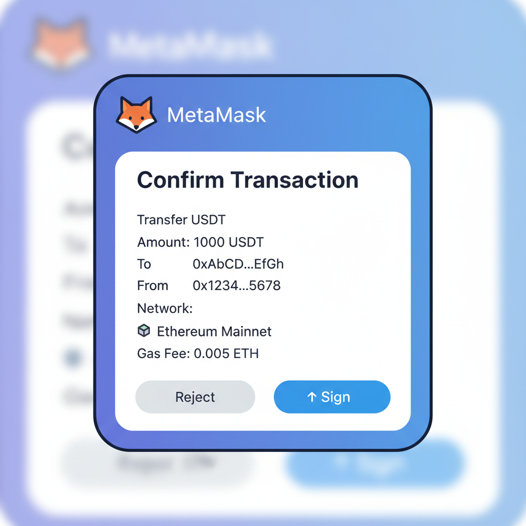 MetaMask confirmation popup, USDT transfer details, sign button, blockchain network indicator