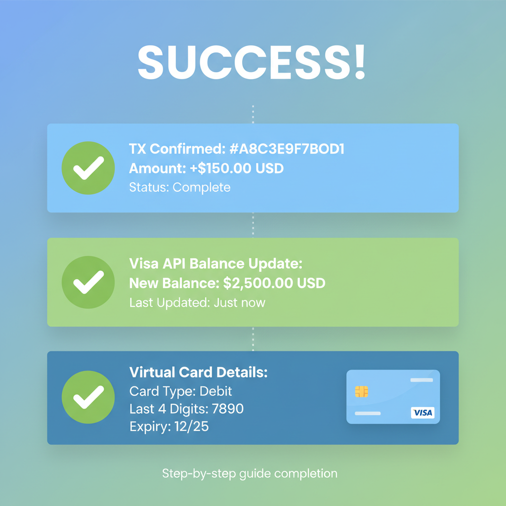 success dashboard with tx confirmed, Visa API balance update, virtual card details, green checkmarks