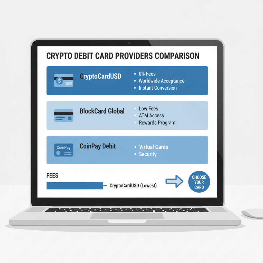 professional laptop screen comparing crypto debit card providers like CryptoCardUSD, clean UI, blue tones