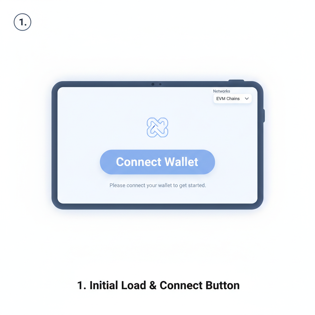 non-custodial crypto wallet interface with USDC balance, connect button, EVM chains selector, minimalist design
