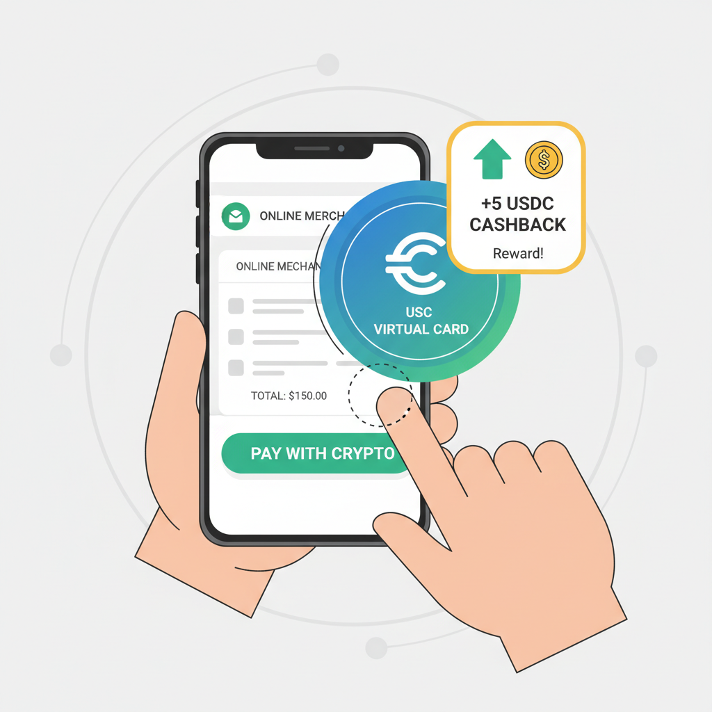 smartphone tapping virtual crypto card at online merchant checkout, cashback USDC reward popup, seamless payment