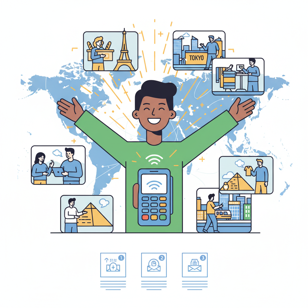 person using phone for contactless payment worldwide map background, diverse shopping scenes, explosive joy and freedom