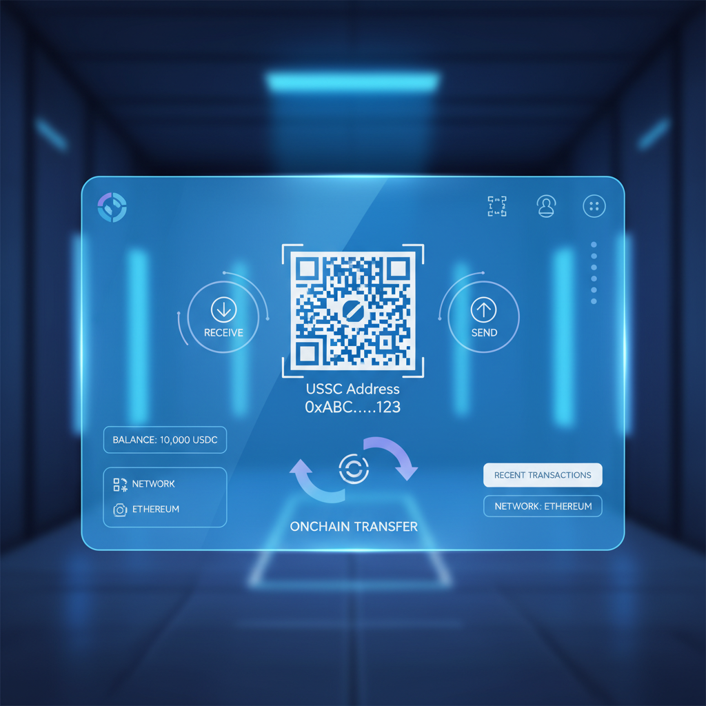 crypto wallet dashboard with USDC address QR code, onchain transfer arrows, high-tech interface, blue holograms