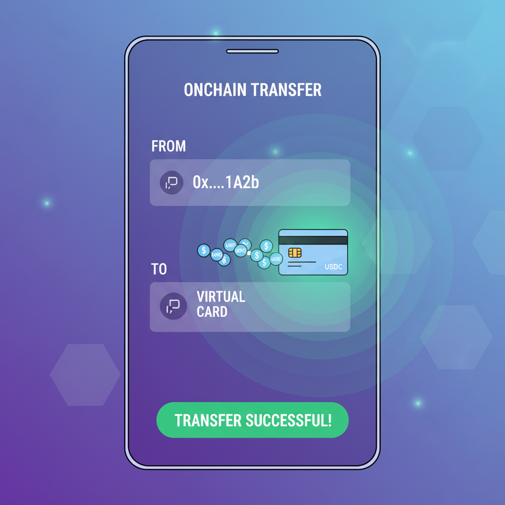 onchain USDC transfer screen, Polygon blockchain animation, USDC tokens flowing to virtual card, vibrant green success glow