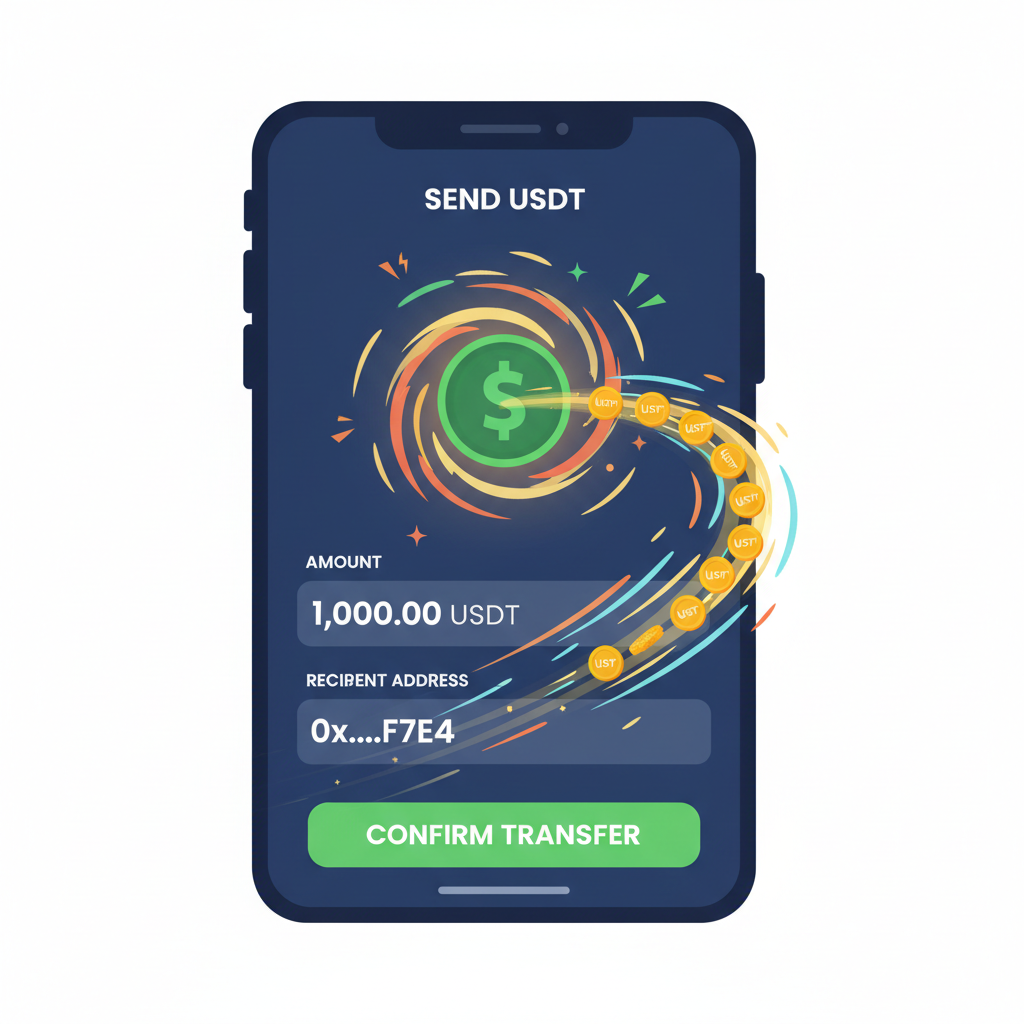 wallet app interface mid-transfer of USDT, animated coins flying to address, high-energy motion blur, crypto excitement