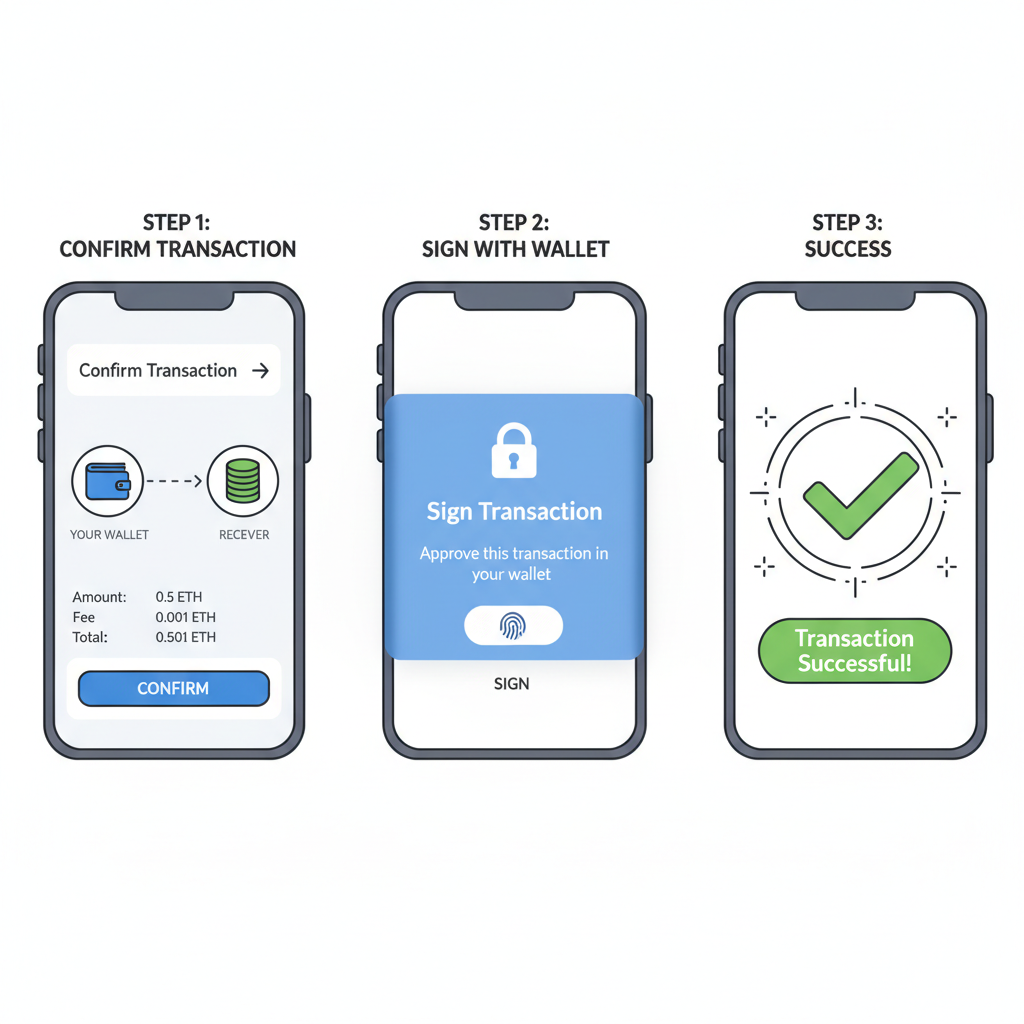 transaction confirmation screen with wallet signature prompt and success animation