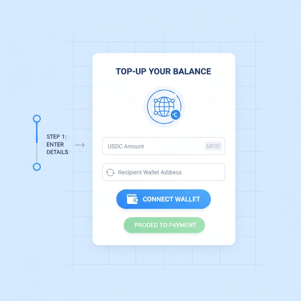 top-up form on web app with USDC amount field, wallet connect button, simple UI