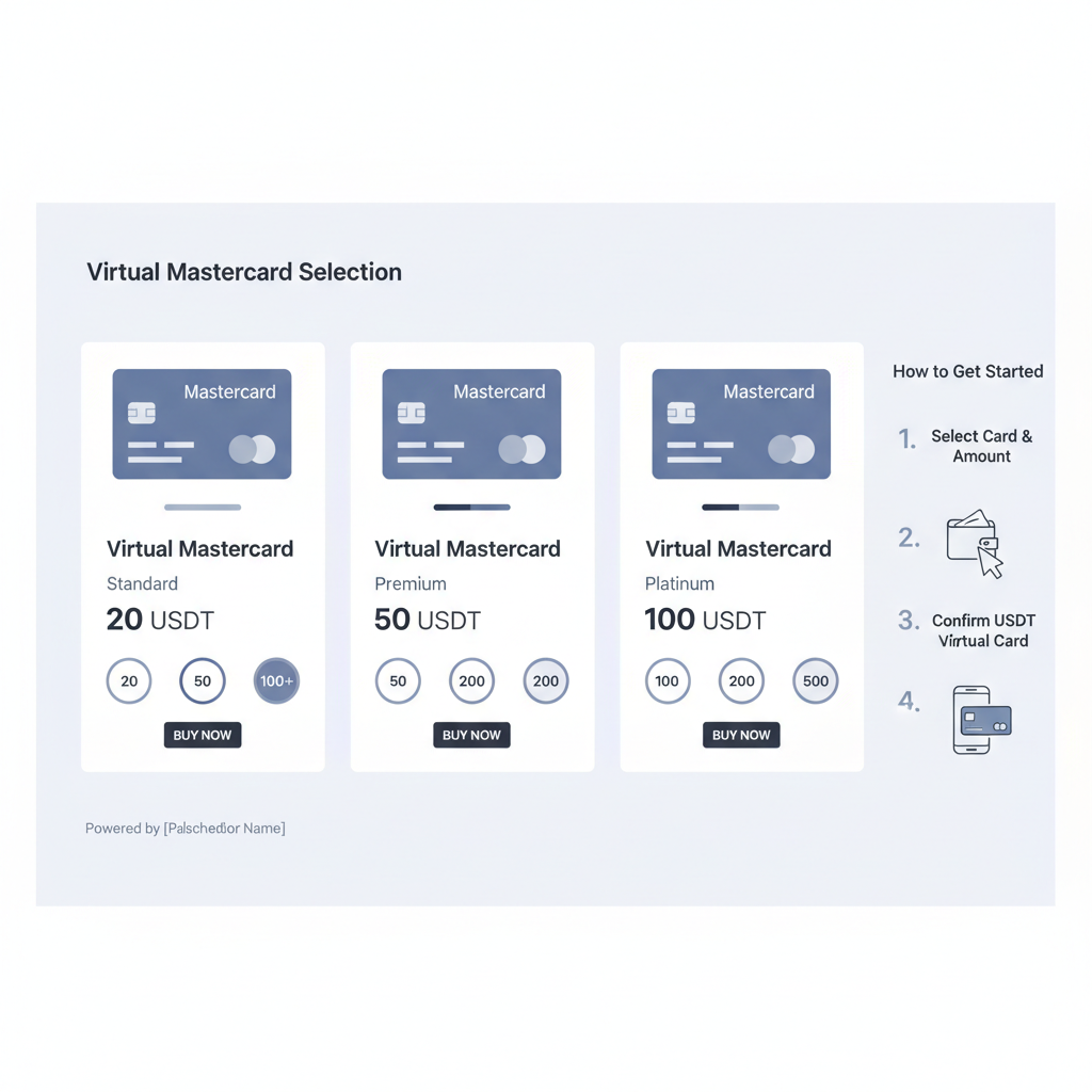website product selection page, virtual Mastercard options listed with USDT prices, buttons for denominations, precise technical UI