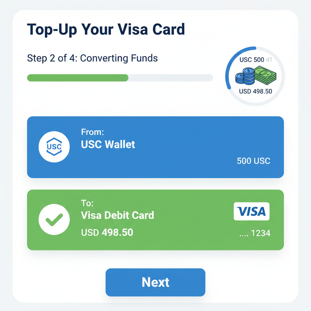 mobile app screen showing USDC to Visa card top-up, progress bar, dollar conversion animation