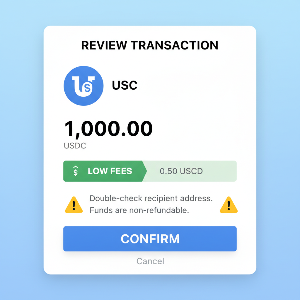 transaction review popup, USDC amount, low fees highlighted, confirm button, caution icons