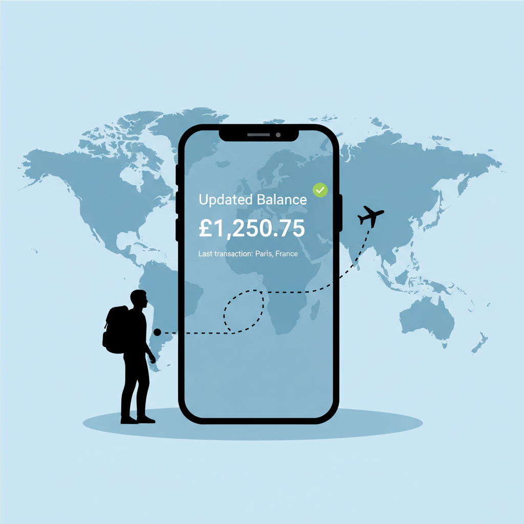 mobile app showing updated card balance, world map background, traveler silhouette