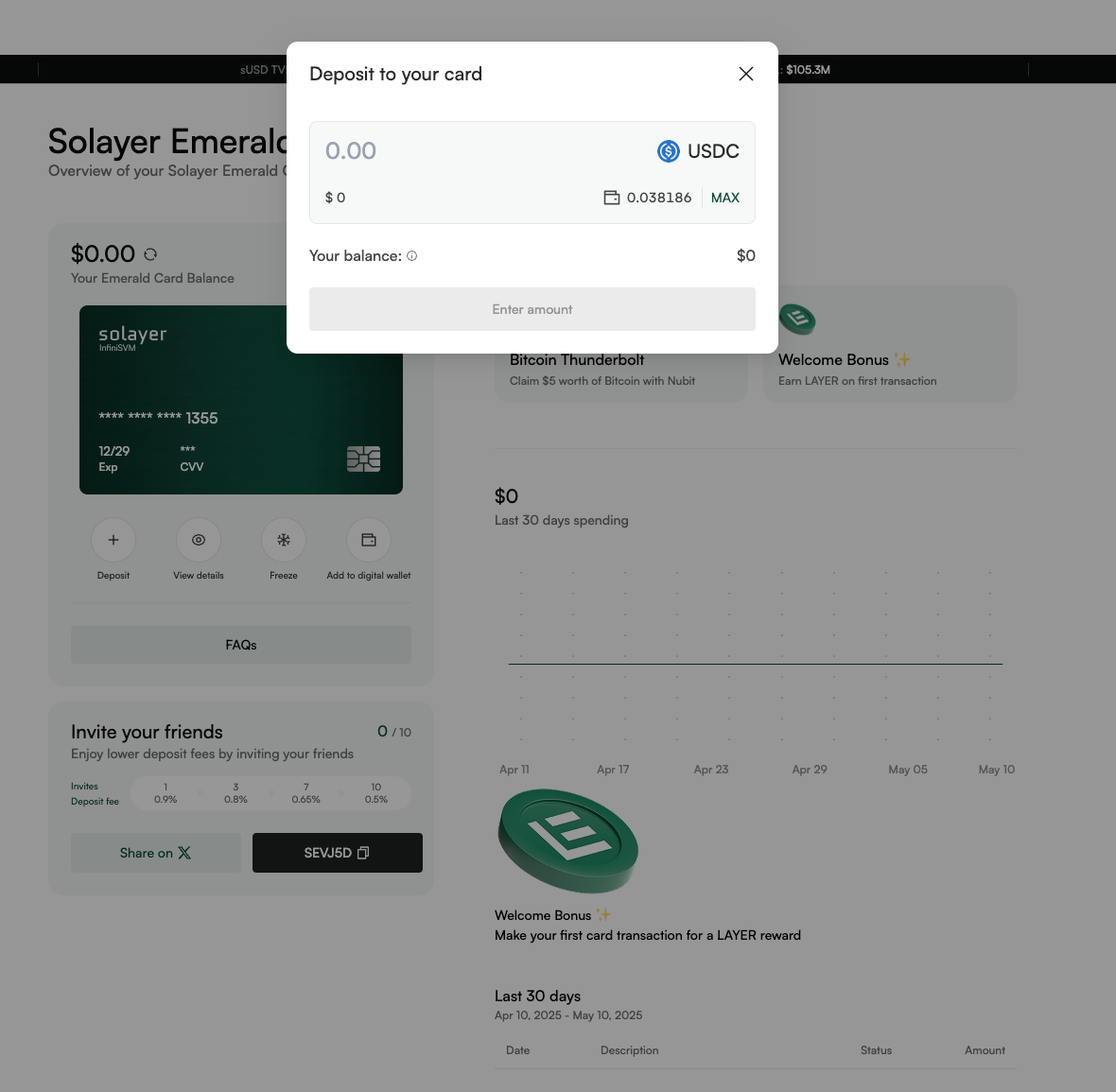 Sleek virtual debit card app interface showing on-chain USDC top-up for everyday crypto shopping and spending