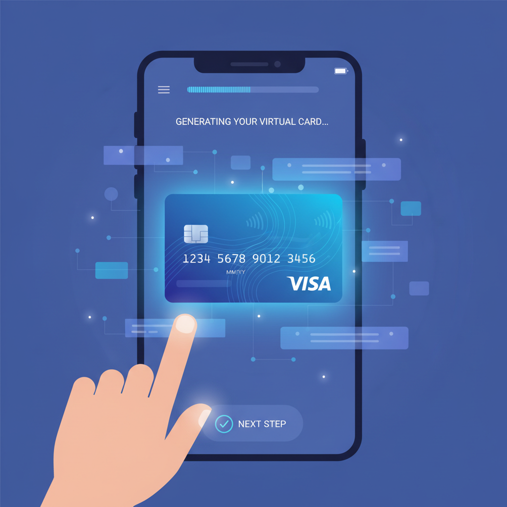 digital virtual debit card generating on app screen, Visa logo, glowing effect