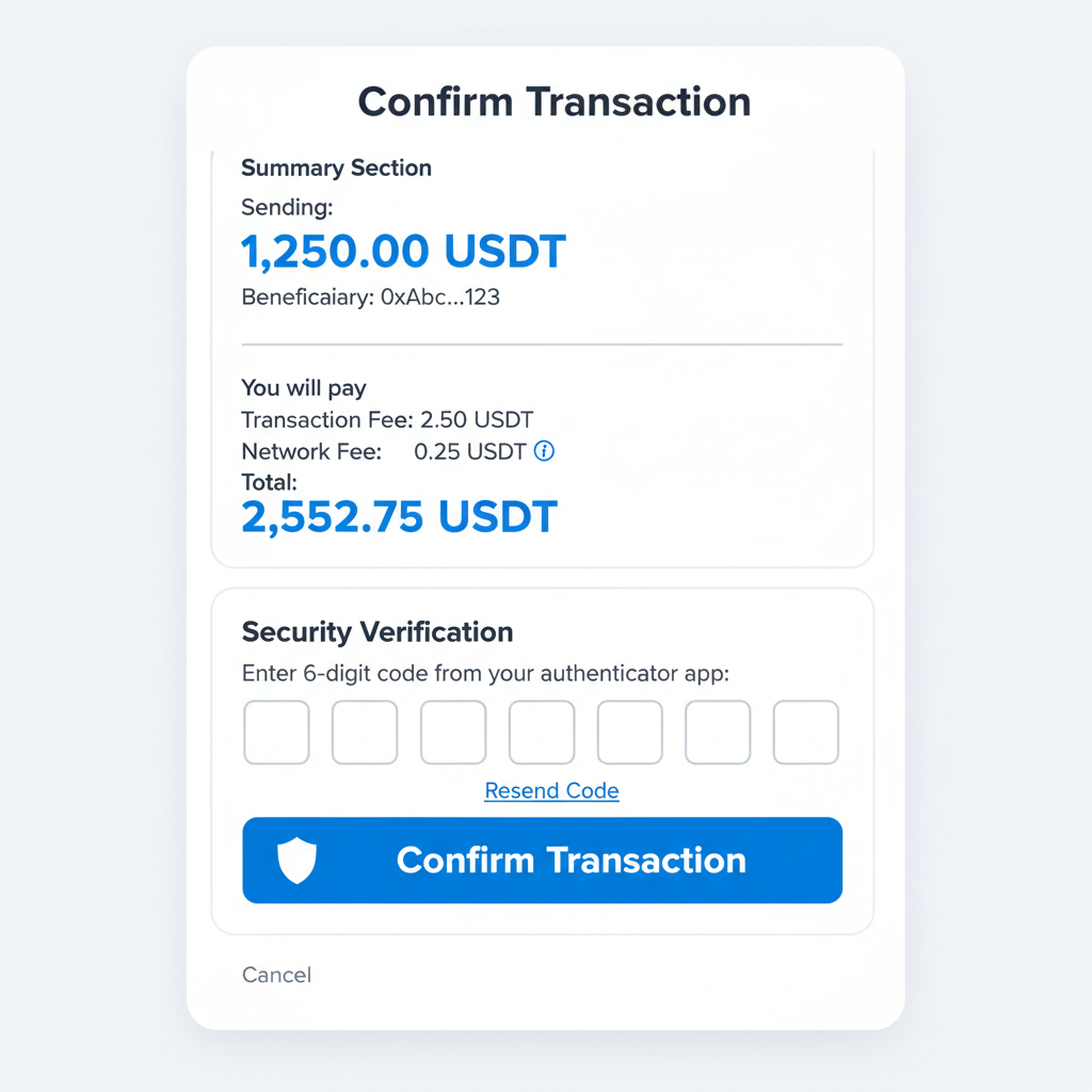 transaction confirmation page with USDT amount fees summary, prominent confirm button, secure verification