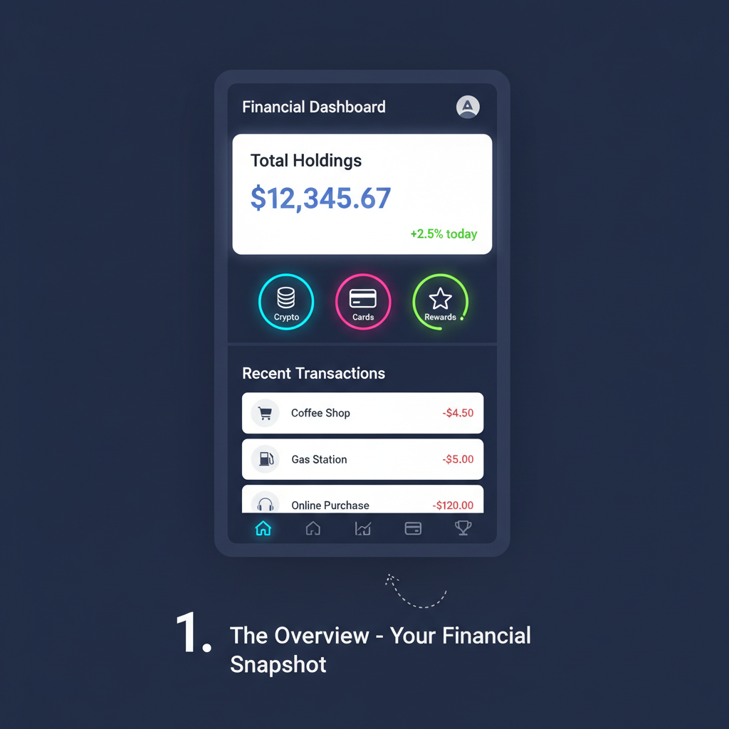 dashboard app with transaction history, rewards chart, crypto card stats, neon data viz