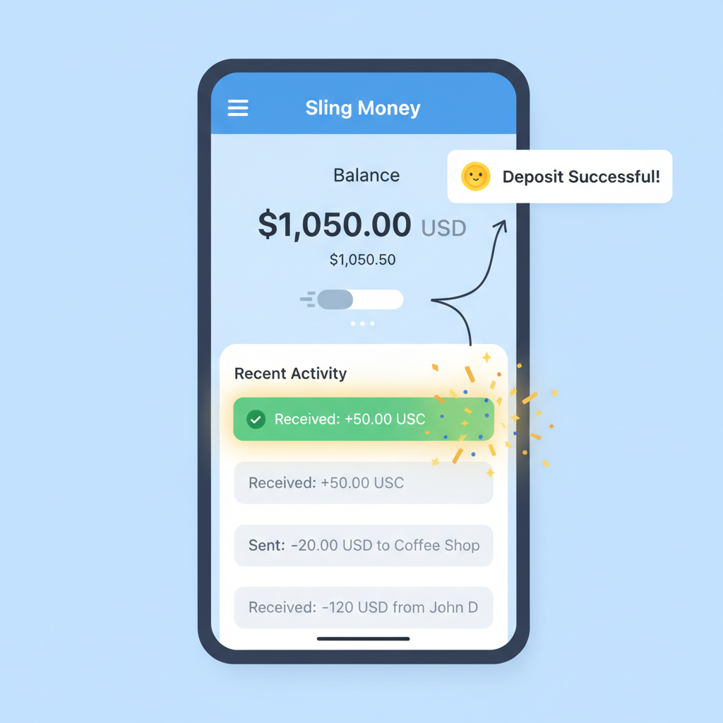 Sling Money home screen, transaction history with fresh USDC deposit highlighted, balance updating in real-time, celebratory animations
