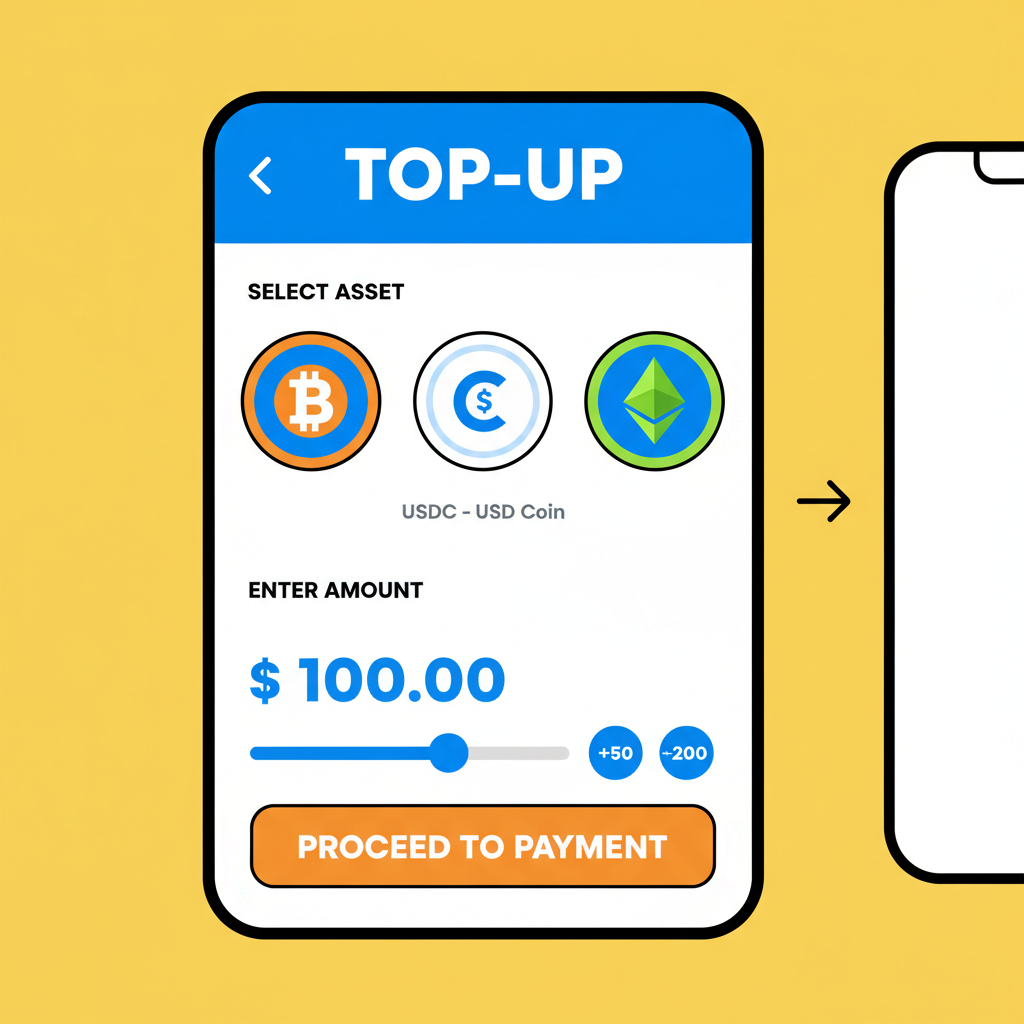 vibrant top-up screen with USDC option, amount selector, app interface