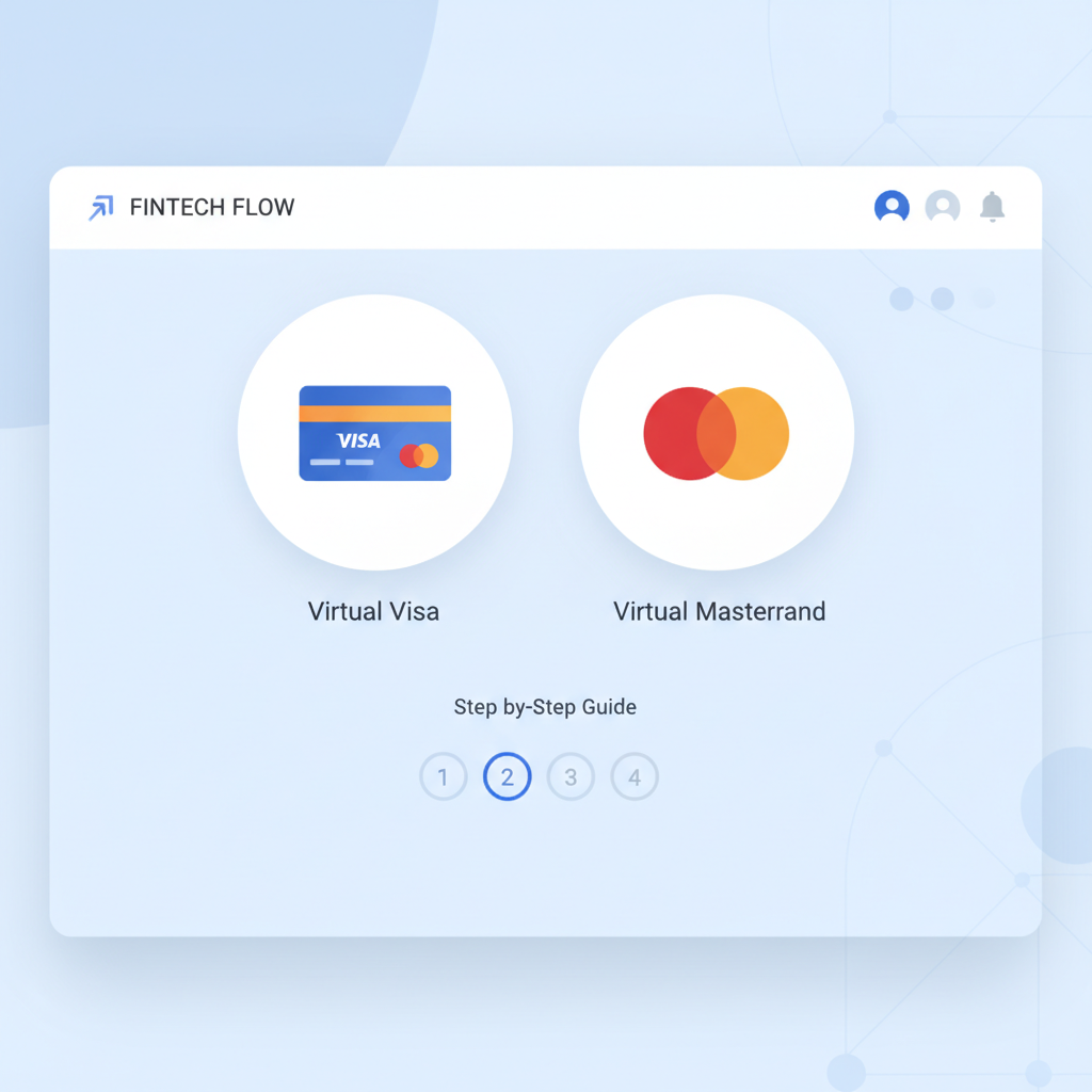 Website dashboard showing virtual Visa and Mastercard selection buttons, sleek card icons, modern fintech design