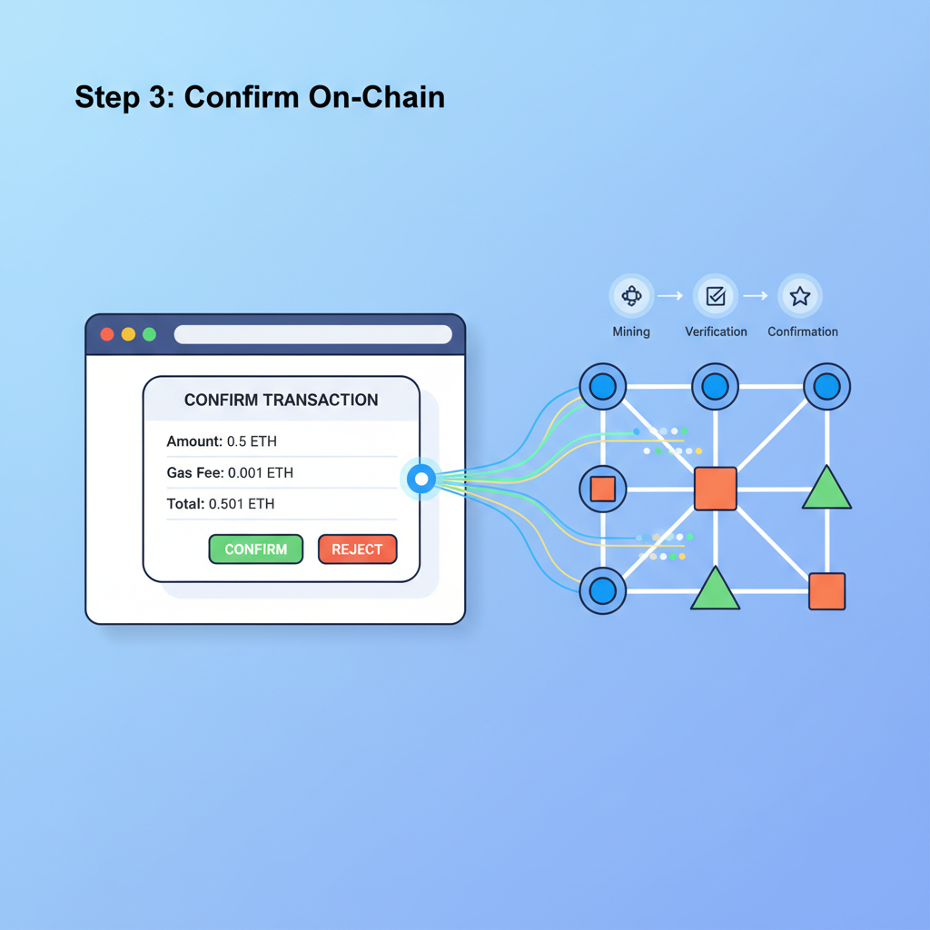 onchain transaction confirmation screen with wallet popup, blockchain nodes connecting, dynamic energy lines