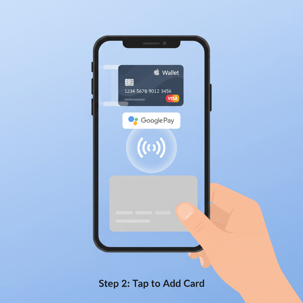 phone adding virtual card to Apple Wallet or Google Pay, smooth animation, NFC tap icon