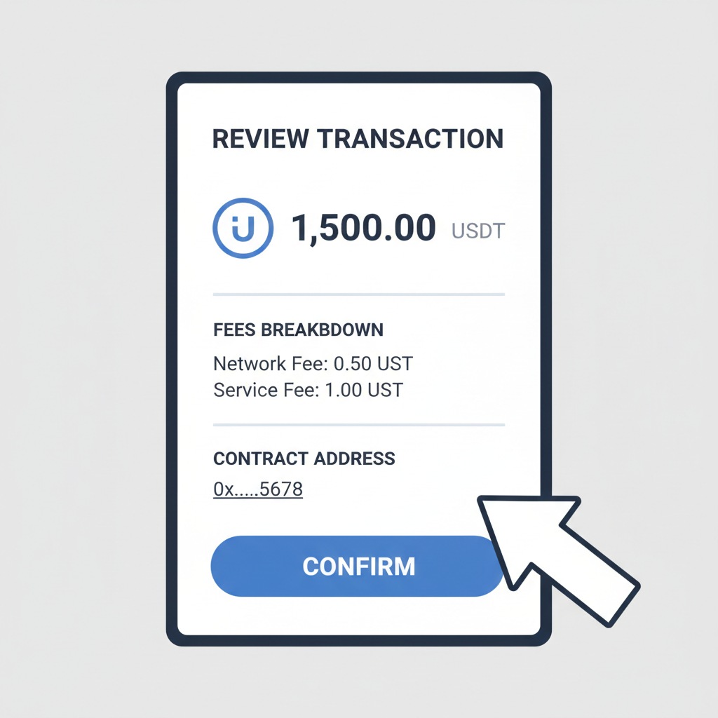 transaction review screen, USDT amount, fees breakdown, contract address, confirm button