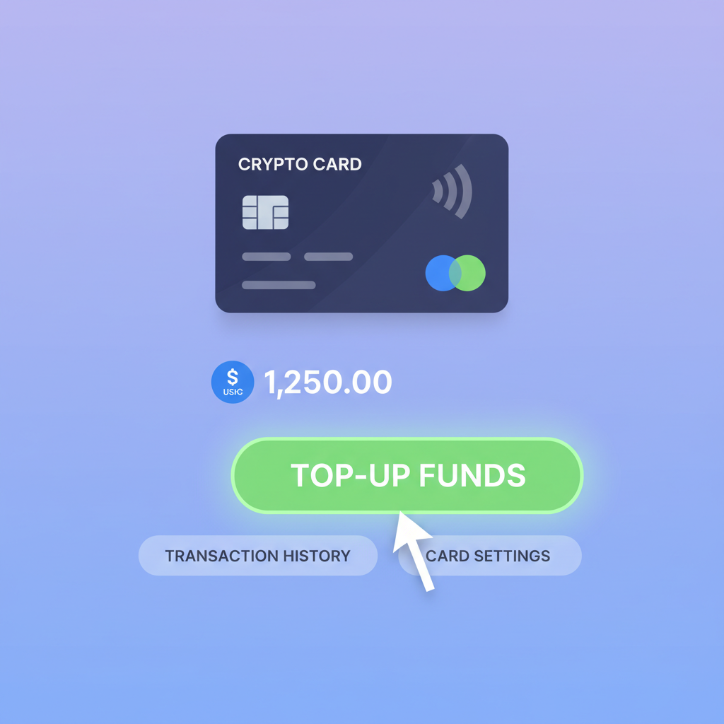 crypto card dashboard with top-up button highlighted, USDC icon, professional layout