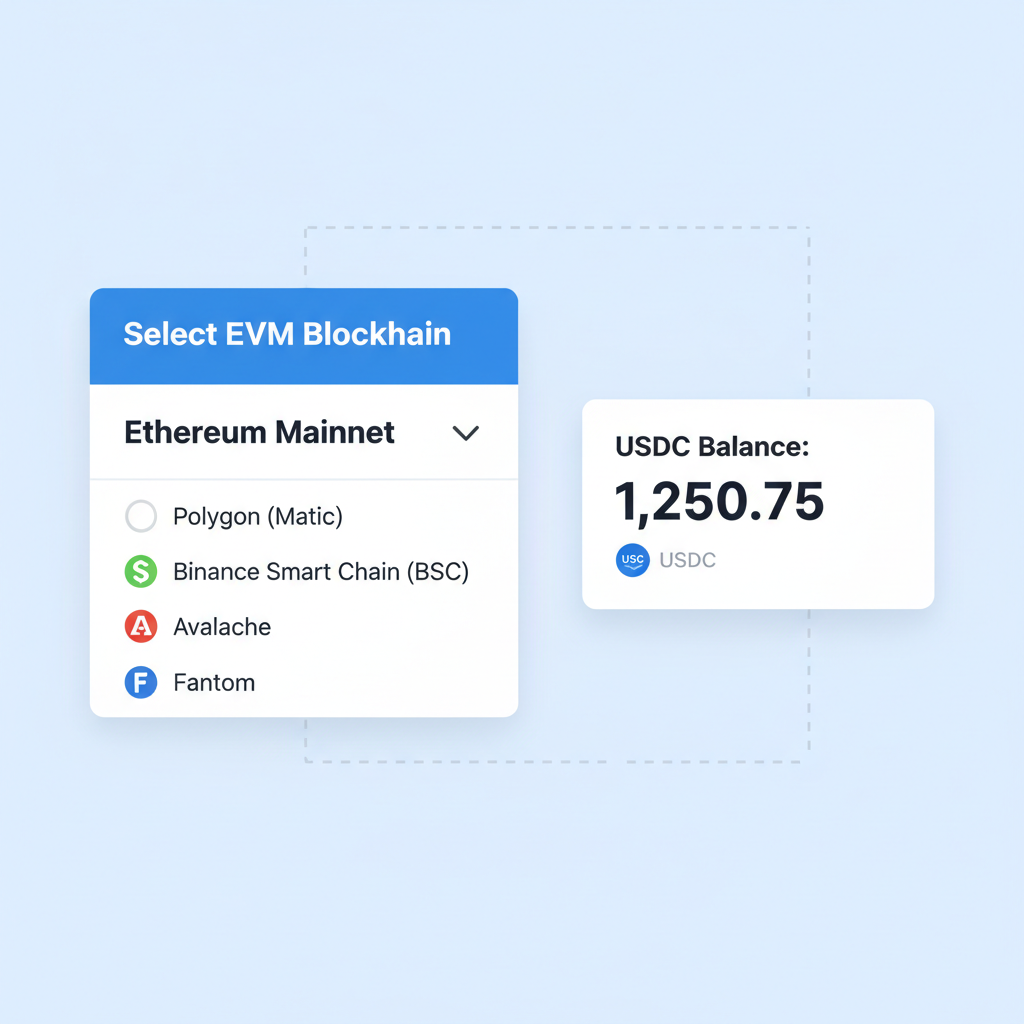 dropdown menu selecting EVM blockchain, USDC balance display, professional UI